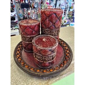 Menards Leather Candle Set Burgundy Quilted Decorative Pillar Candles Tray